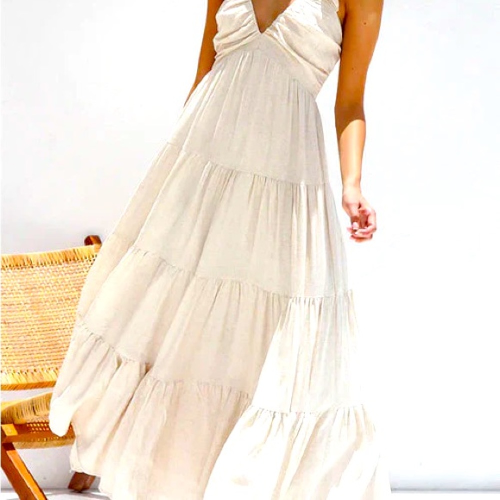 V neck Ruffle Trim Tiered Maxi Dress. Linen